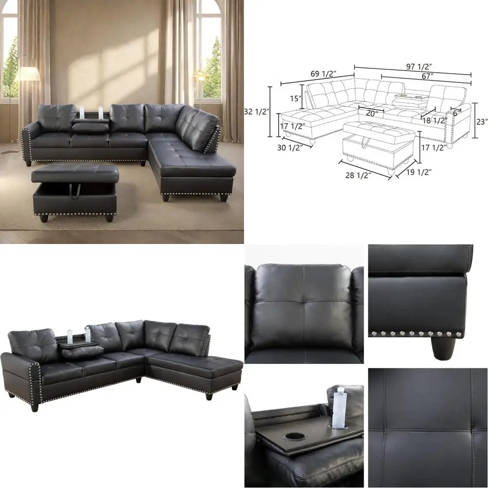 

modern l-shaped leather sectional sofa with ottoman and cup holders for living room and bedroom