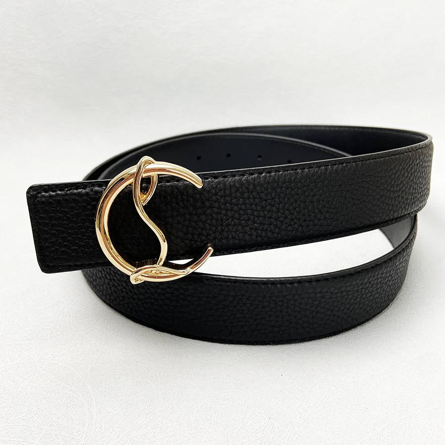 ​​2025 New Luxury Black Grain Leather Belt - Unique Curved Gold Buckle, Textured Strap for Men & Women, Fashion Dress Accessory​