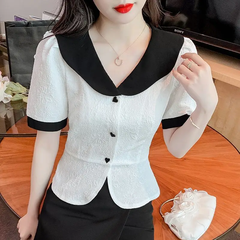 ฤดูร้อนใหม่สไตล์ฝรั่งเศสสีบล็อก Babydoll คอปกแขนสั้นเอวผูกเสื้อชีฟองสําหรับผู้หญิง