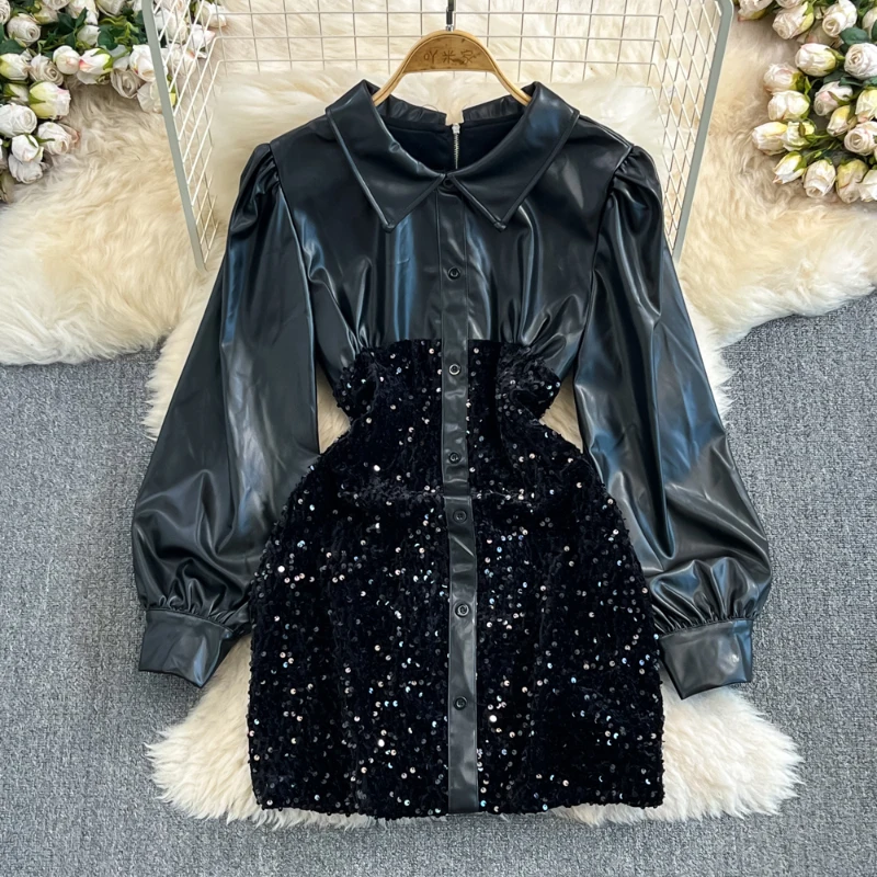 

Fall Winter Women's Mini Dress Korean Style PU Patchwork Turn Down Collar Sequins Puff Sleeve Sexy Dresses Party Club Wear