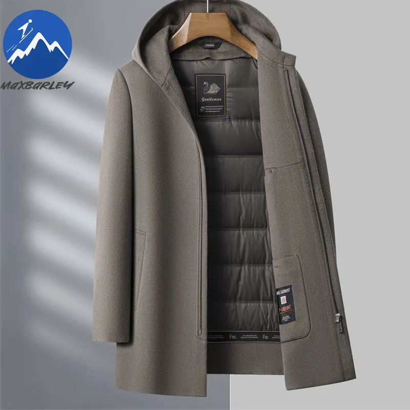 Maxbarley Winter Cashmere Coat Men High Designer Street White Duck Down Vest Hooded Trench Jacket Korean Elegant Woolen Overcoat