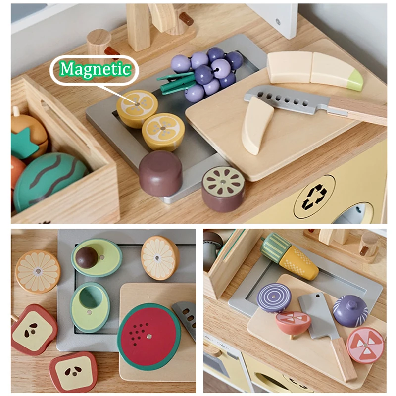 Wooden Pretend Play Kitchen Toys Cutting Food Accessories Set Fruit Vegetable Bakery Meat fish Early Educational Cognition Toys