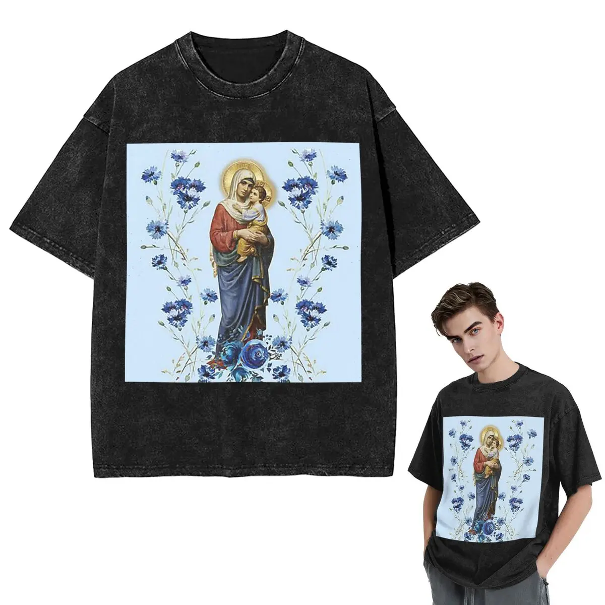 Streetwear T-Shirts Catholicism Saints Jesus Mary Washed T Shirt Short Sleeve Hip Hop T-Shirt Tops Tees for Men Women