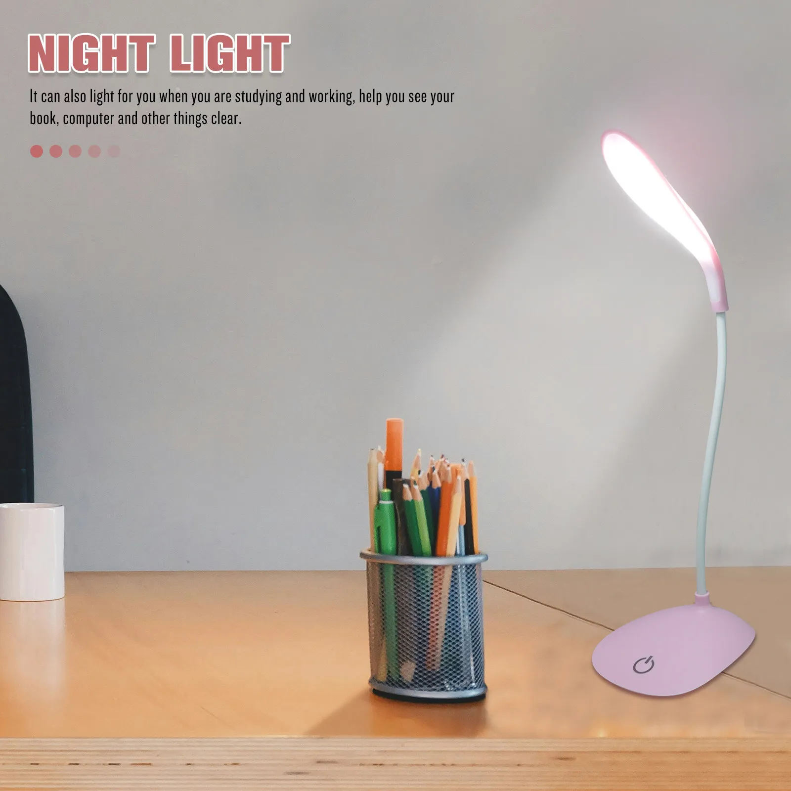 

1Pcs Night Light USB Charging Book Reading Lamp 360 Degree Rotation Eye Protection Light for Study Office Home Use Pink