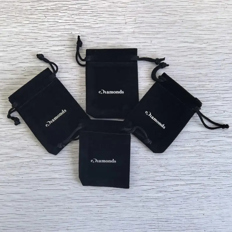 500 Pieces 5*7cm Small Size Little Black Velvet Bags Drawstring Gift Pouches Hot Printing With Silver Logo
