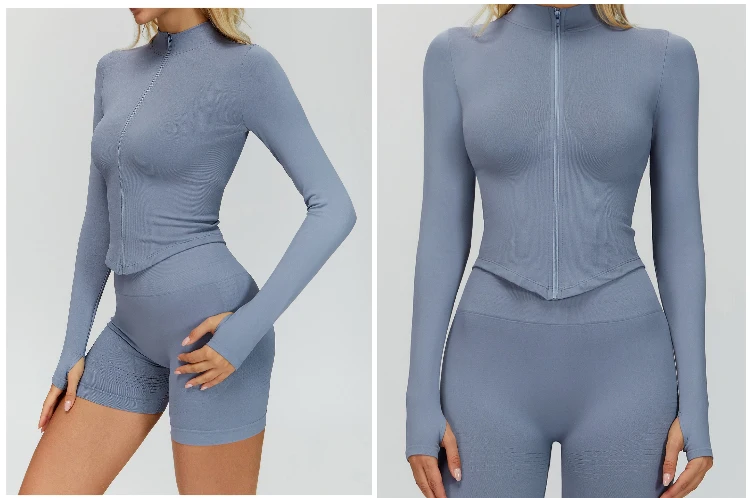 VITALINOVO Damen Cropped Running Workout Jacken mit Reißverschluss, schmal geschnittene Sportjacken mit Daumenlöchern, nahtlose, dehnbare Trainingsjacken – Detail 11
