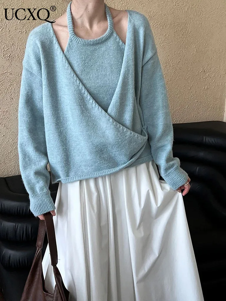 

UCXQ модная повседневная трикотажная одежда минималистский короткий свитер с V-образным вырезом короткий подвесной шейный жилет комплект из двух предметов для женщин 2024 весна лето 9986