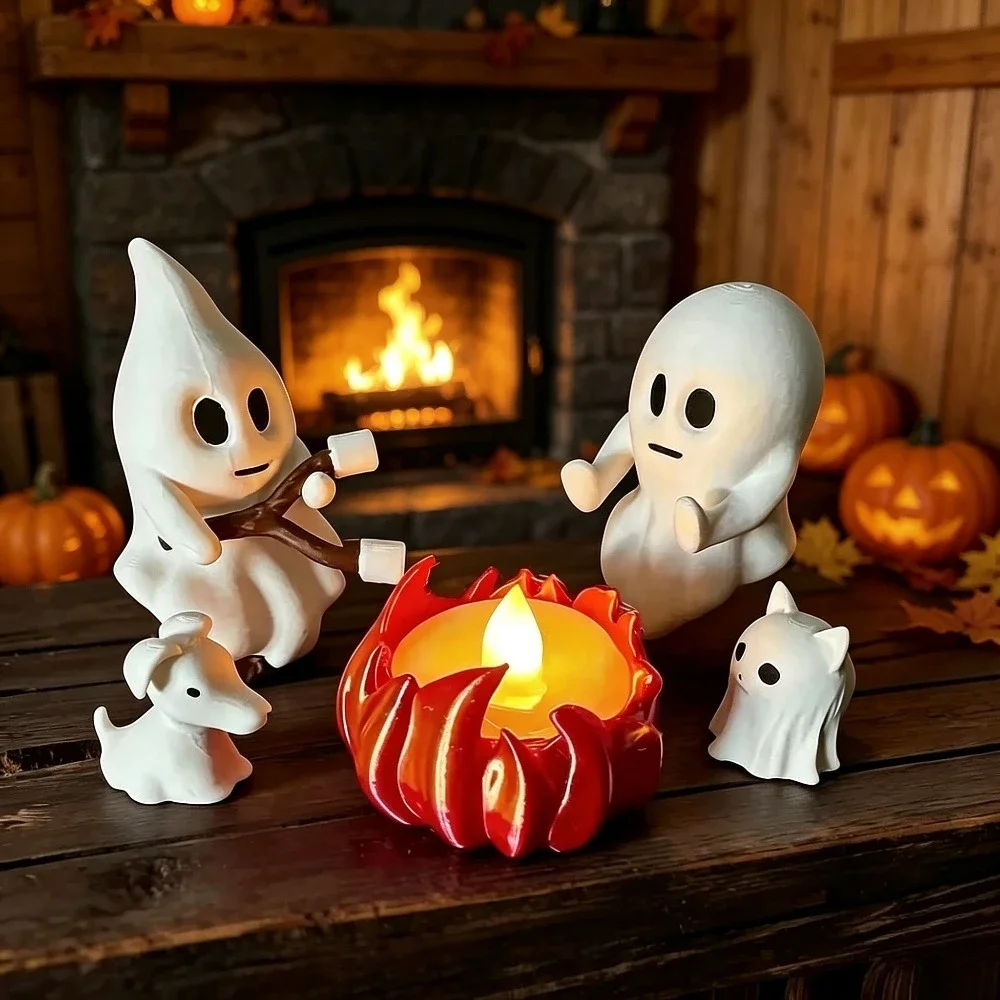 Halloween Cute Ghost Campfire Scene Figurine Set Resin Ghost Cat Dog Mini Statue Tealight Candle Holder Desktop Ornament Holiday