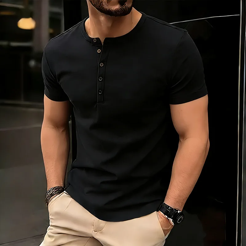 New Men's Colored Cotton Frame Henry Short Sleeve T-Shirt Standard Fit Bright Thread Velvet Process Polyester Fiber Citywalk ...