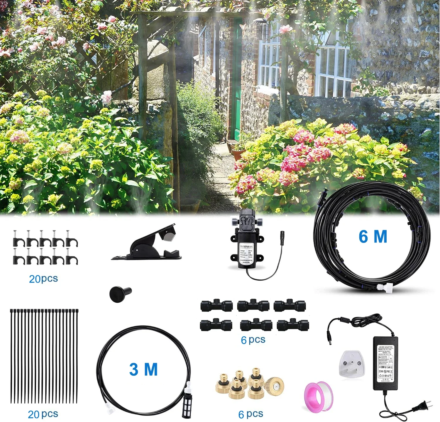 DIY Water Mist Spray Electric Diaphragm Pump Kit Garden Greenhouse Misting Cooling System 9M 6PCS Fog Nozzles Gardening Tools