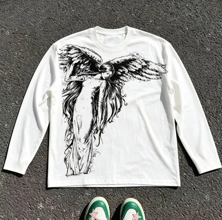Gothic wing pattern long sleeved T-shirt polyester fiber round neck loose T-shirt street wear casual top unisex