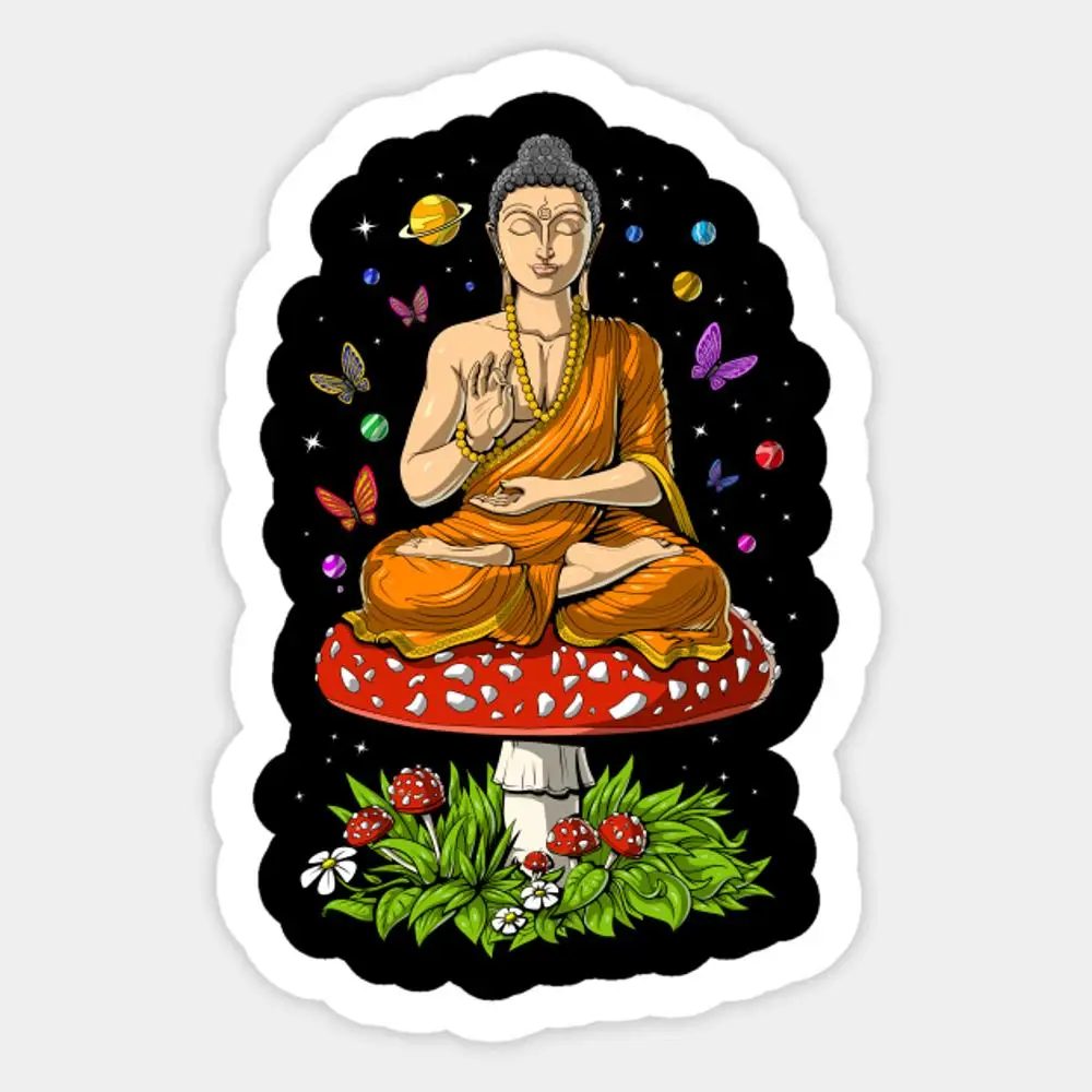 Magic Mushrooms Buddha Sticker for Laptop Decor Bedroom Car Cute Cartoon Art Fashionable Public Suitcase