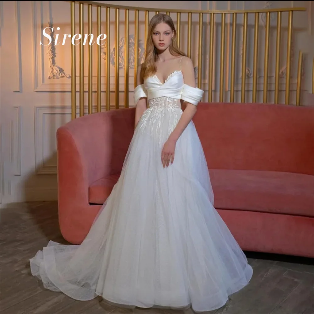 Sirene Princess Sweetheart Spaghetti straps Appliques di pizzo Tulle wedding Dress Off spalla a-line Backless Stain abiti da sera