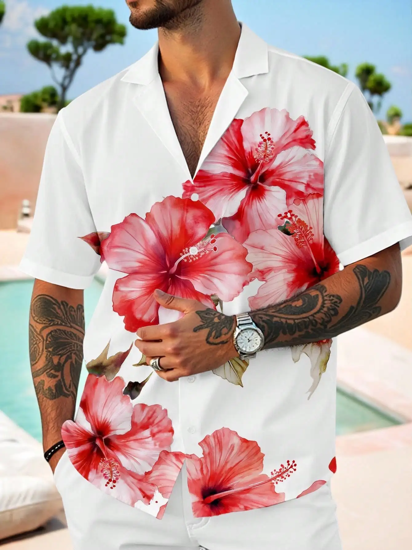 

Men's White Short Sleeve Camp Collar Shirt with Red Hibiscus Floral Print, Slim Fit for Summer Vacation