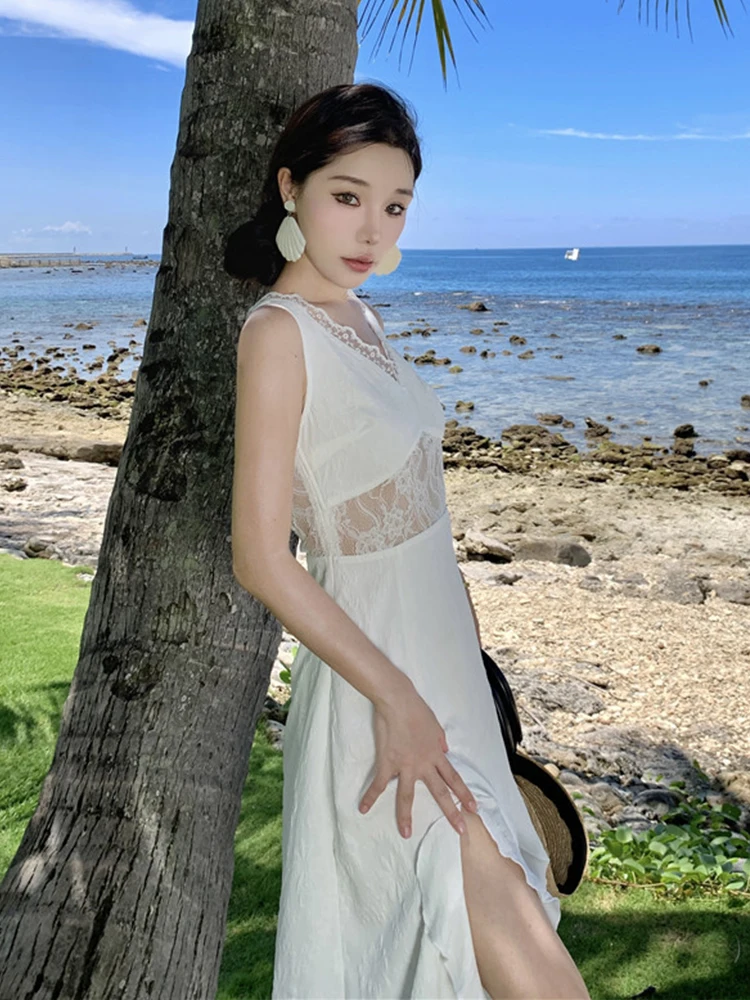 ผู้หญิงวันหยุดชุดยาวสีขาวสุภาพสตรีเซ็กซี่หวานลูกไม้ SHEER High Slit Ruffles Hook Floral Hollow Robe PARTY Holiday Vestidos