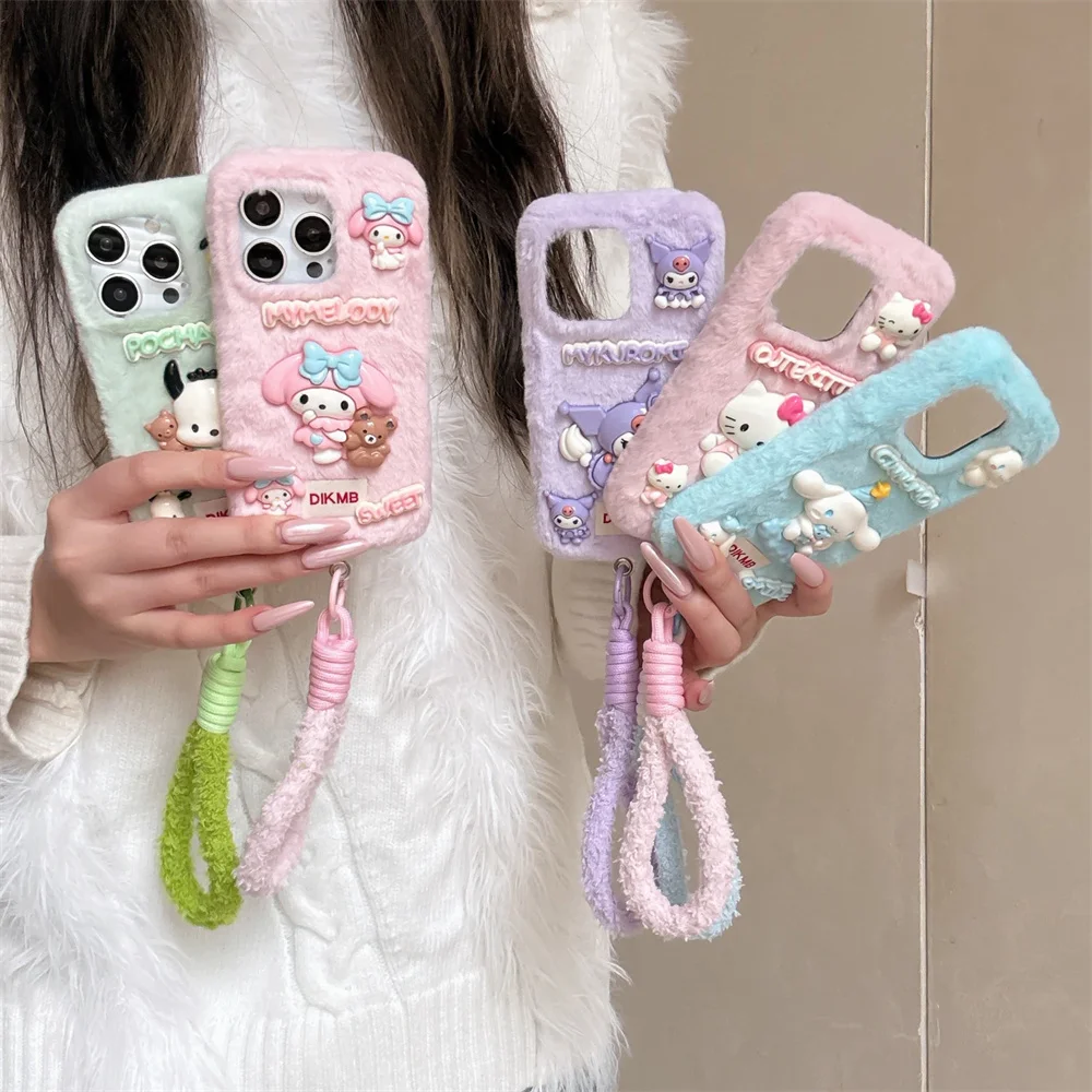 

Cute 3D Cartoon Warm Plush Phone Case for iPhone 17 Pro 13 14 15 16 Pro Max Fundas with Hand Strap Kawaii Furry Shockproof Cases
