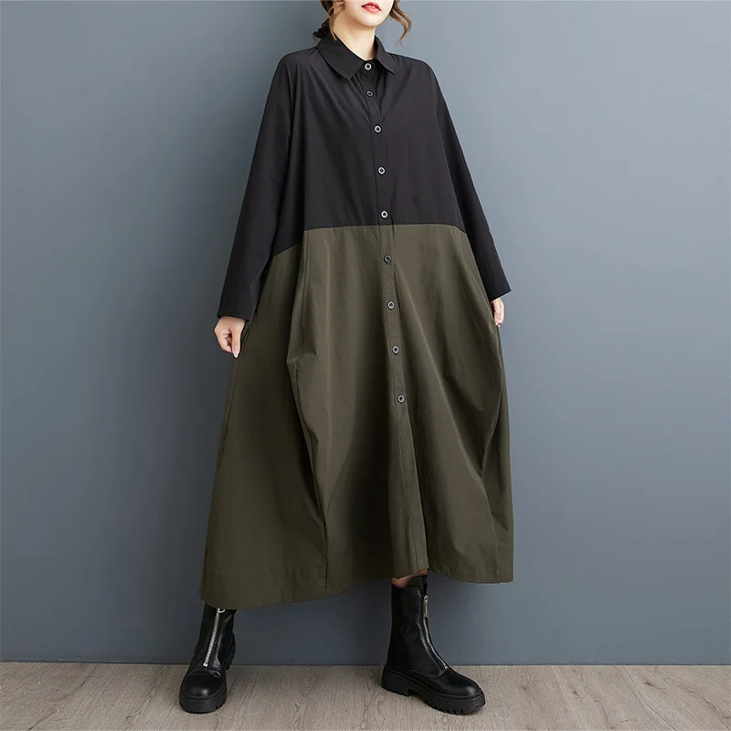 #2621 Spliced Color Asymmetrical Long Shirt Dress Women Loose Single Breasted A-line Midi Dress Ladies Long Sleeve Streetwear