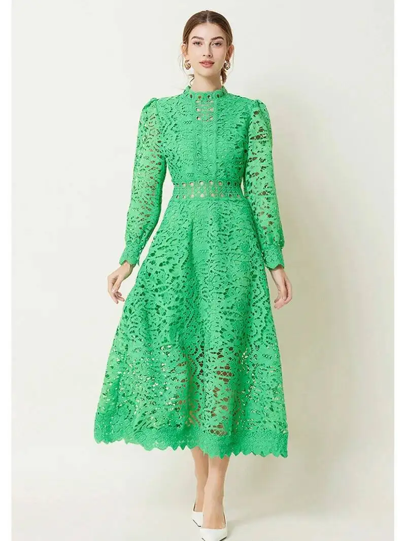 Purple Green Dress For Women Stand Collar Long Sleeve High Waist Cut Out Solid Midi Dresses Female Autumn Clothes 2025 New PA8W