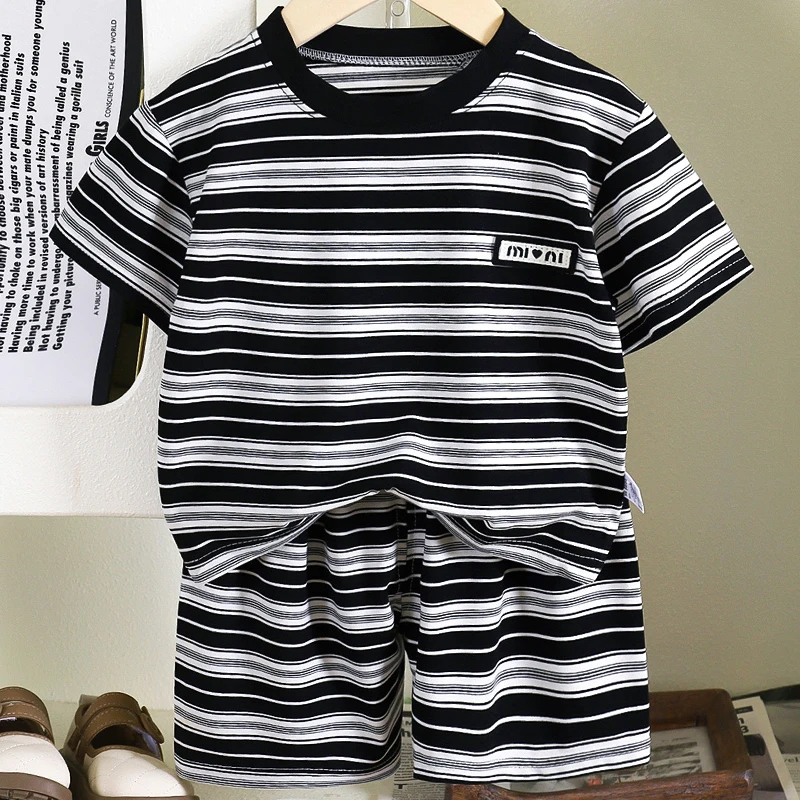 

2Piece Summer Toddler Boy Outfits Korean Casual Fashion Stripe Short Sleeve Baby Tops+Loose Shorts Boutique Kids Clothing B002