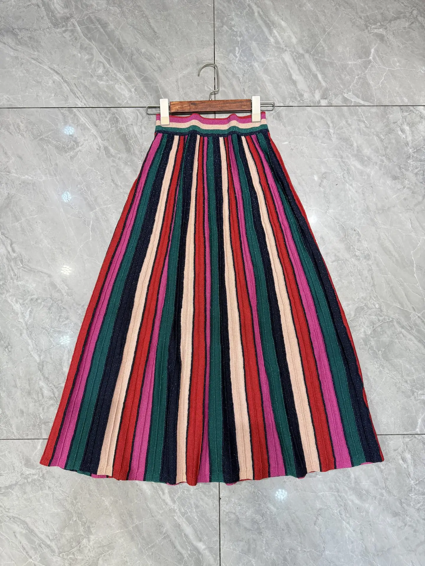 

Women's Colorful Striped Long Skirt Elastic Waist A-Line Vintage Ladies Knitted Jupe