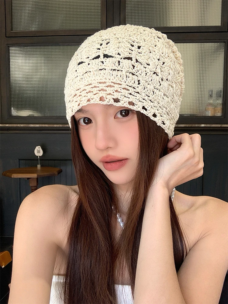 Handmade Knitted Hollow out Headcap Women's Spring Summer Breathable Retro Artistic Style Versatile Knit Overhead Hat