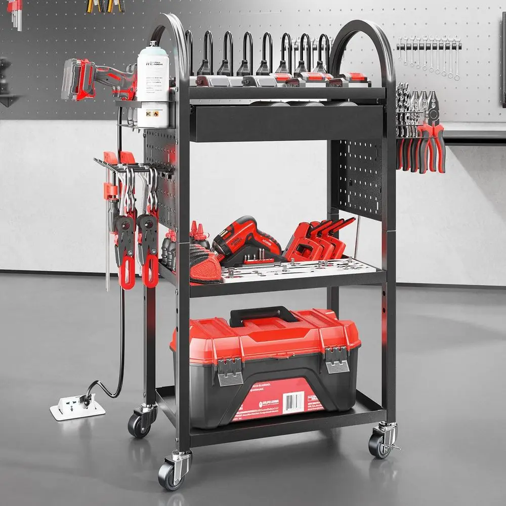 

Универсальная тележка с зарядной станцией, 4-уровневая передвижная тележка с перфорированной панелью, напольная тележка для инструментов на колесах, прочная металлическая тележка для хранения в гараже