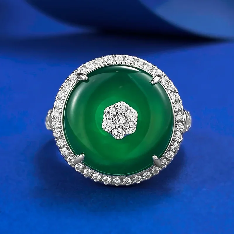 S925 Silver Ring High Carbon Diamond New Chinese Series Jade Marrow Green Green Green Peace Buckle Ring