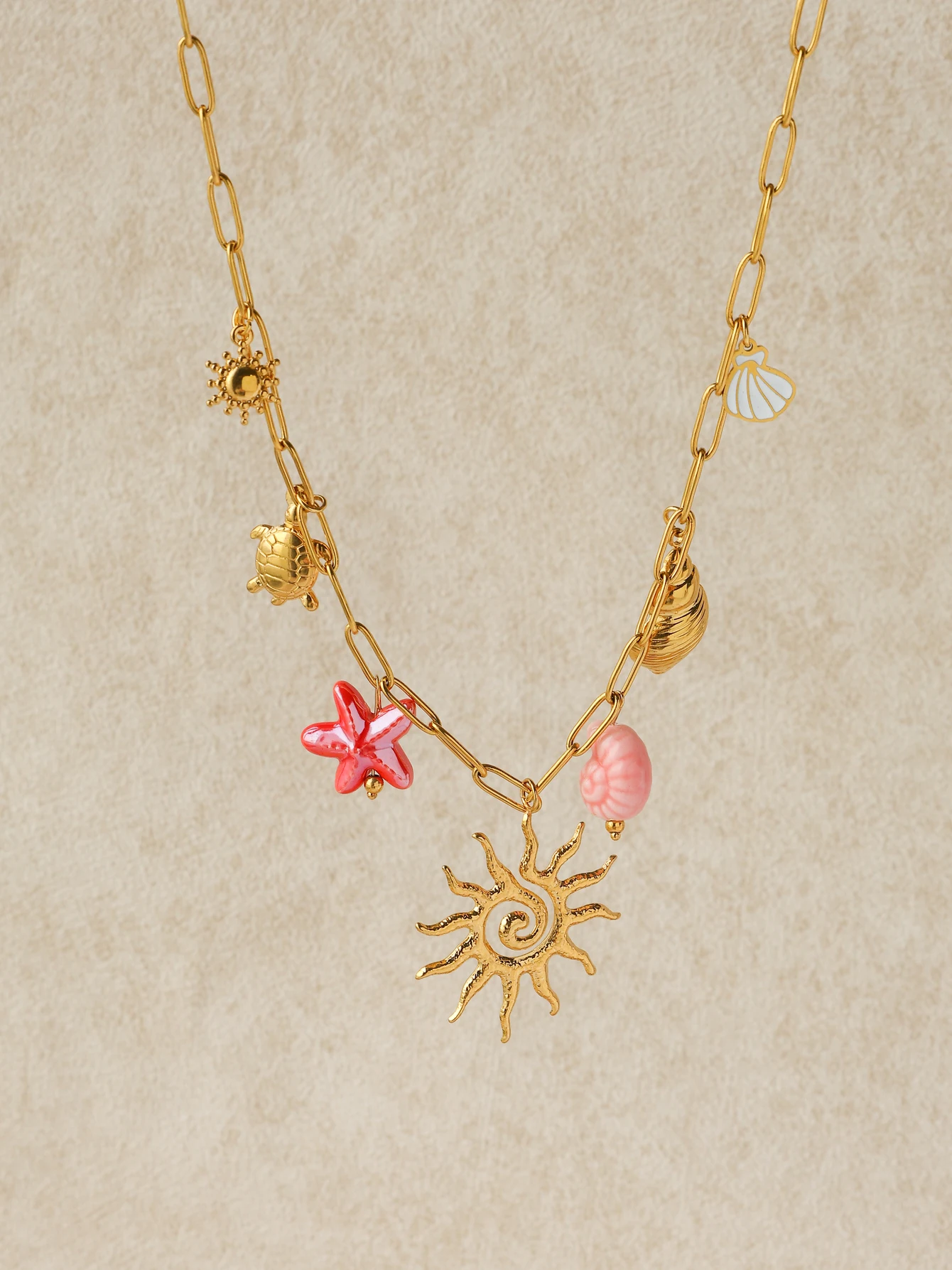 Vintage stainless steel handmade shell ceramic turtle sun starfish pendant necklace women\'s personality creative necklace