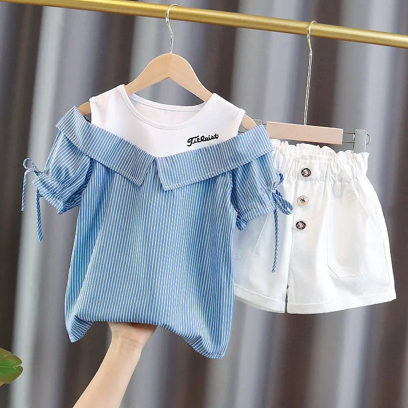 Summer Children's Fashionable Clothes Suit Girls Short Sleeve +Pant 2pcs New Fashionable Strapless Children's Clothing Sets