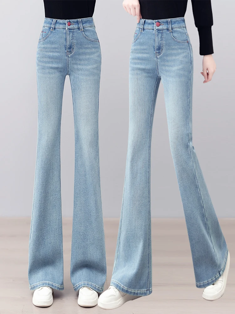 

Джинсы-клеш с высокой талией Slim Fit для женщин, осенне-зимние, утепленные флисом, в корейском стиле, для повседневной носки, модные брюки-клеш