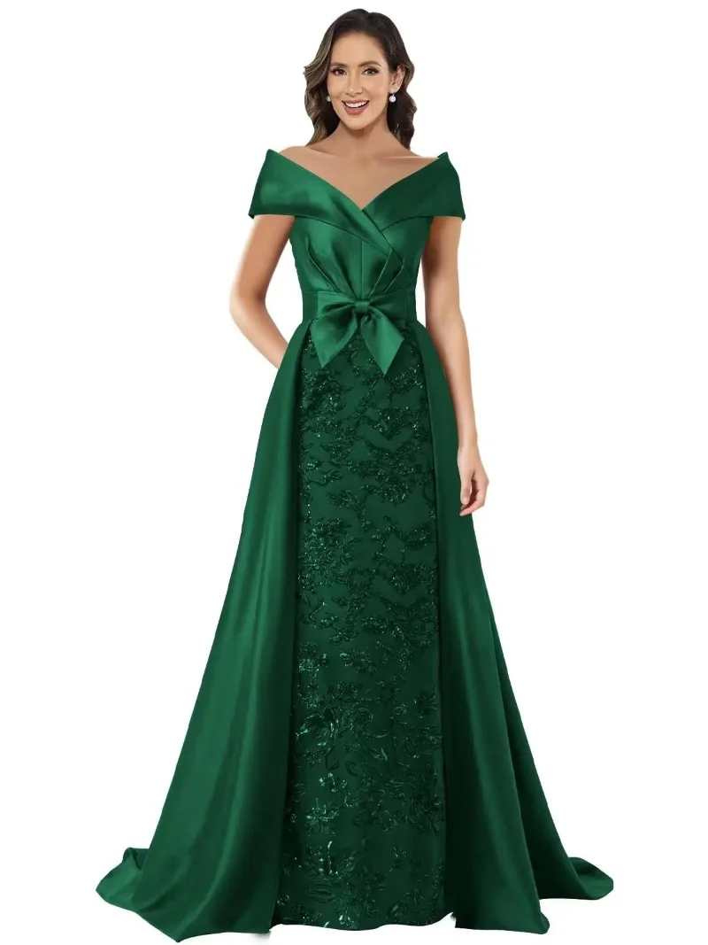 QMANSHA Übergröße Maßgeschneidertes Schulterfreies Abendkleid Satin Schleife an der Taille, Pailletten-Spitze Formelles Kleid Bodenlange Hochzeitsrobe – Detail 14