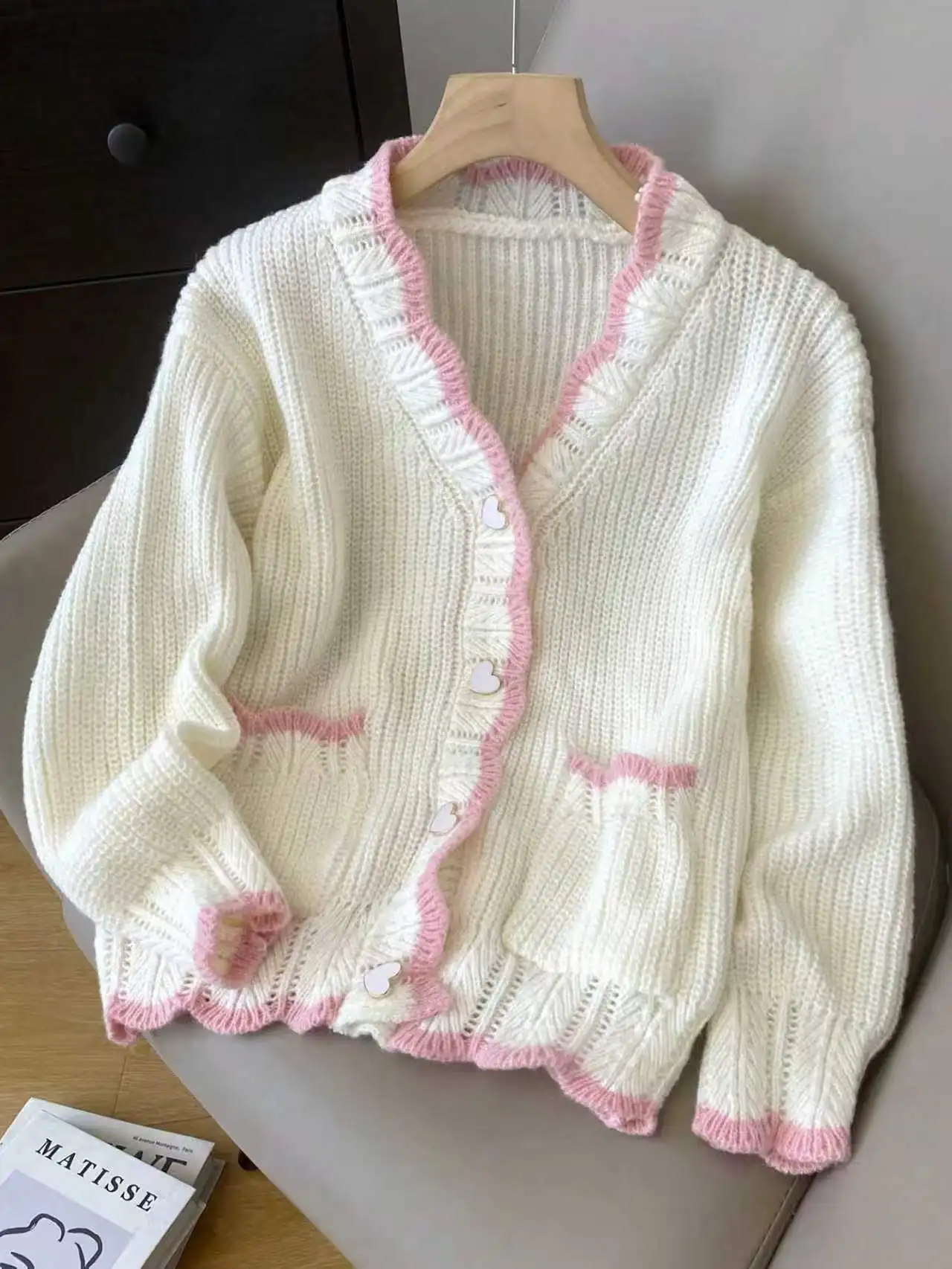 Women V‑Neck Knit Cardigan Wavy Pink Trim Heart‑Shape Buttons Hollow Out Knitted Long‑Sleeve Casual Sweater Outerwear