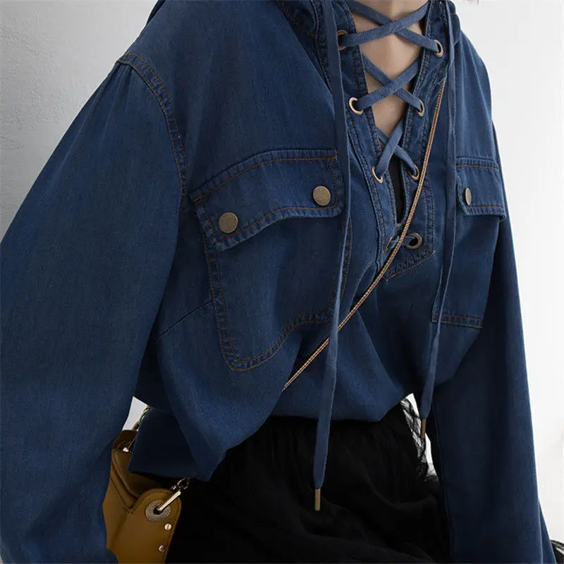 Spring Autumn New Women\'s Solid Color V-neck Button Spliced Drawstring Vintage Loose Versatile Long Sleeve Hooded Denim Shirt