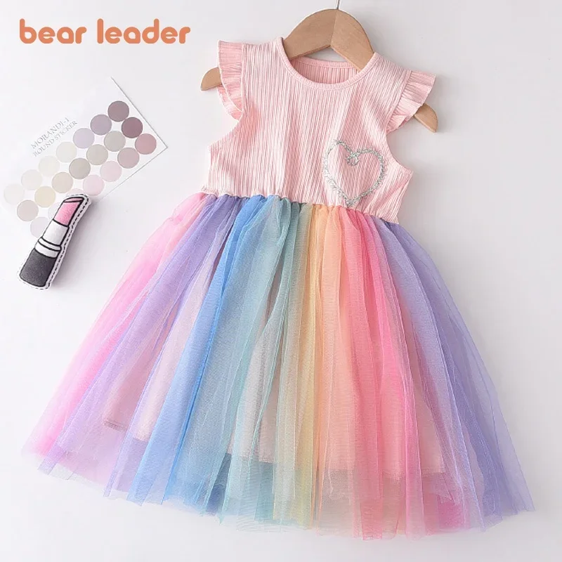 Bear Leader Flying Sleeve Girls Colorful Dress Summer Kids Rainbow Mesh Party Dresses Children Clothing Vestidos Outfits