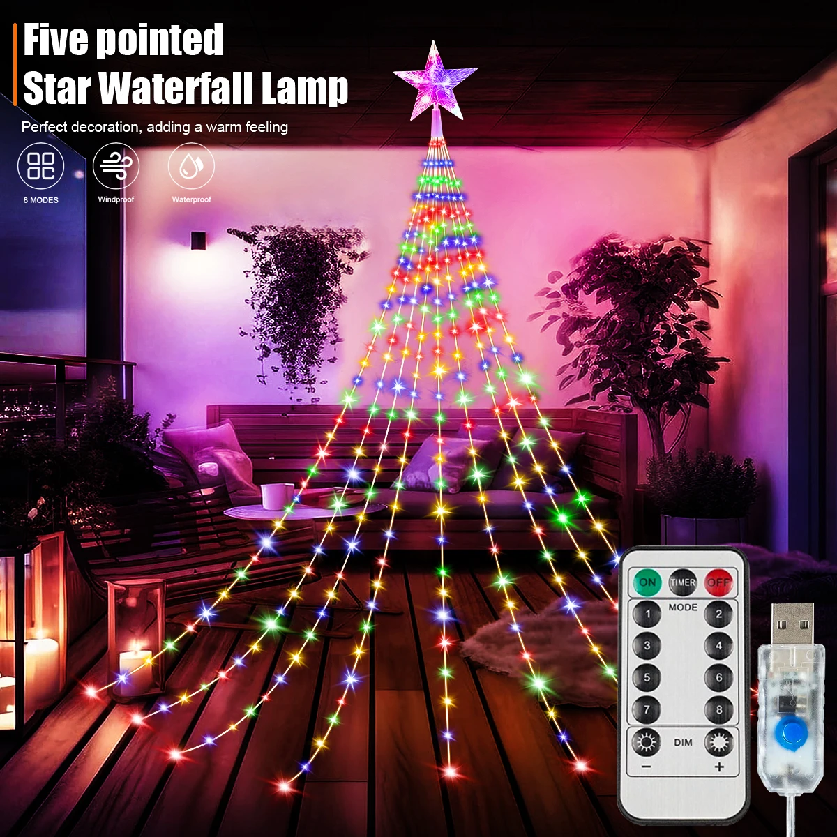 9.8Ft Waterfall String Lights With  Star Topper, 8Modes Indoor Outdoor Fairy Lights For Yard Party Home Garden Christmas Tree