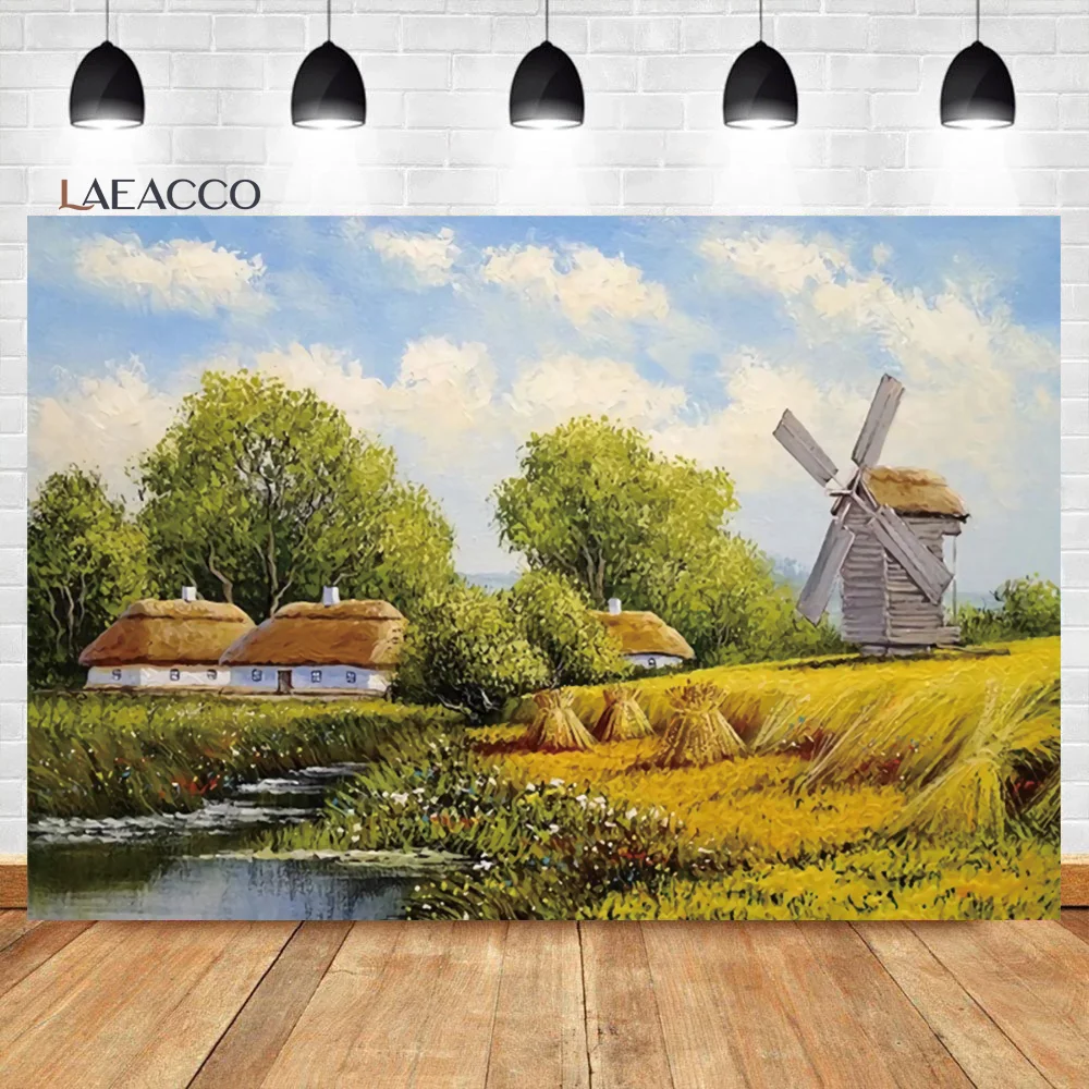 

Laeacco Spring Countryside Watercolor Windmill Farm Grassland Background Rural Wood Barn Kid Adult Portrait Photography Backdrop