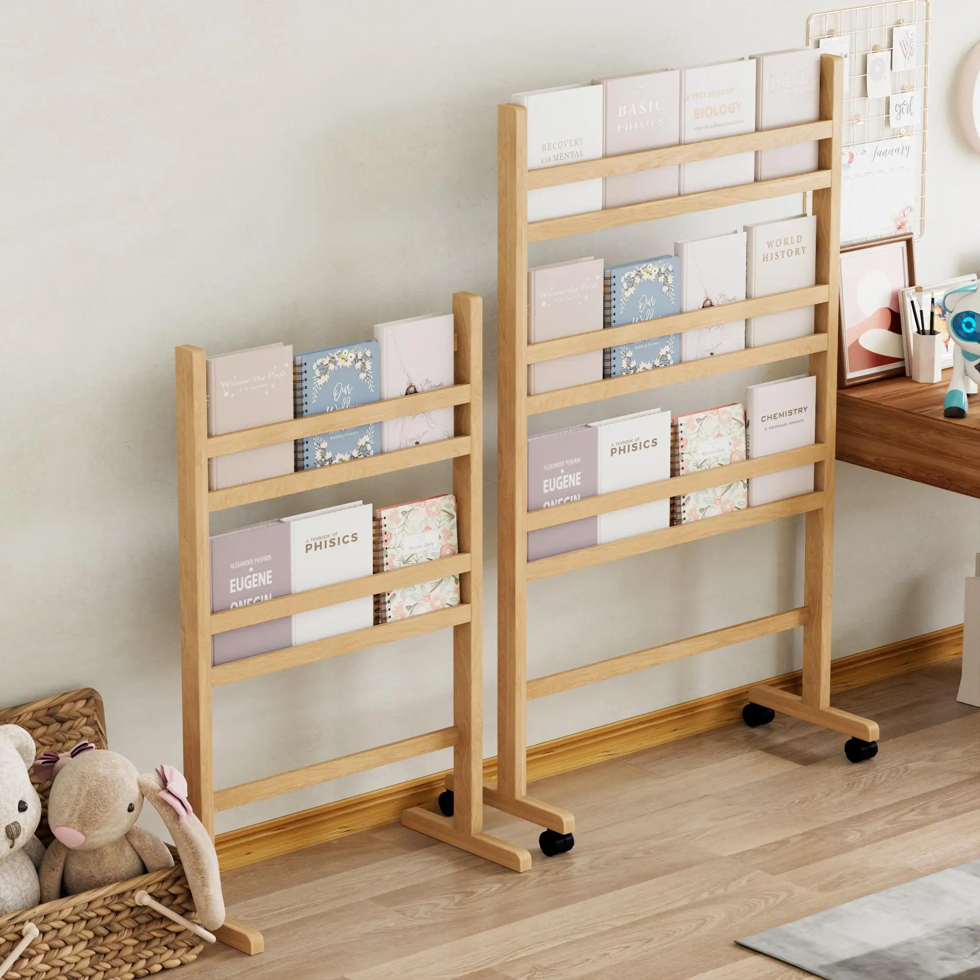 

Solid wood newspaper and magazine rack with wheel movable living room storage children's room kindergarten books and newspapers