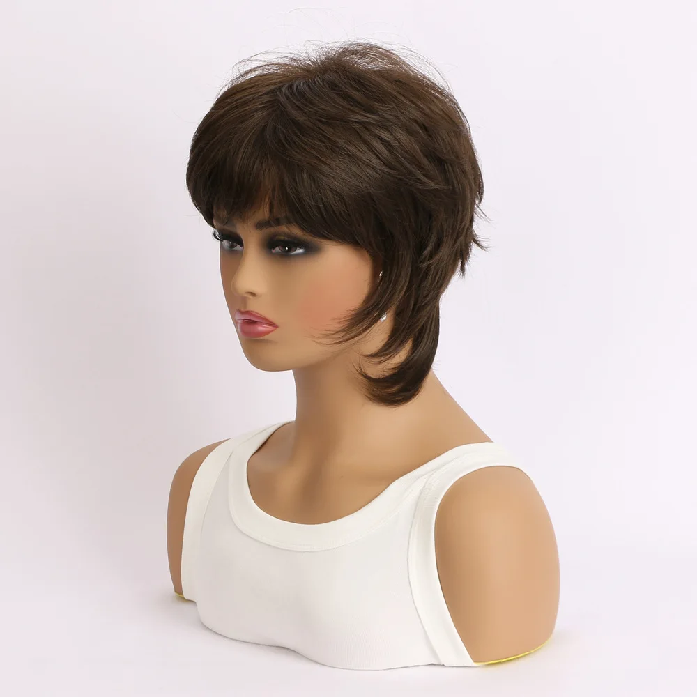 Womens Fashion Party Casual Full Wigs Natural Brown Short Hair Extensions Fluffy Curly Wavy Synthetic Hair Mommy Head Wigs