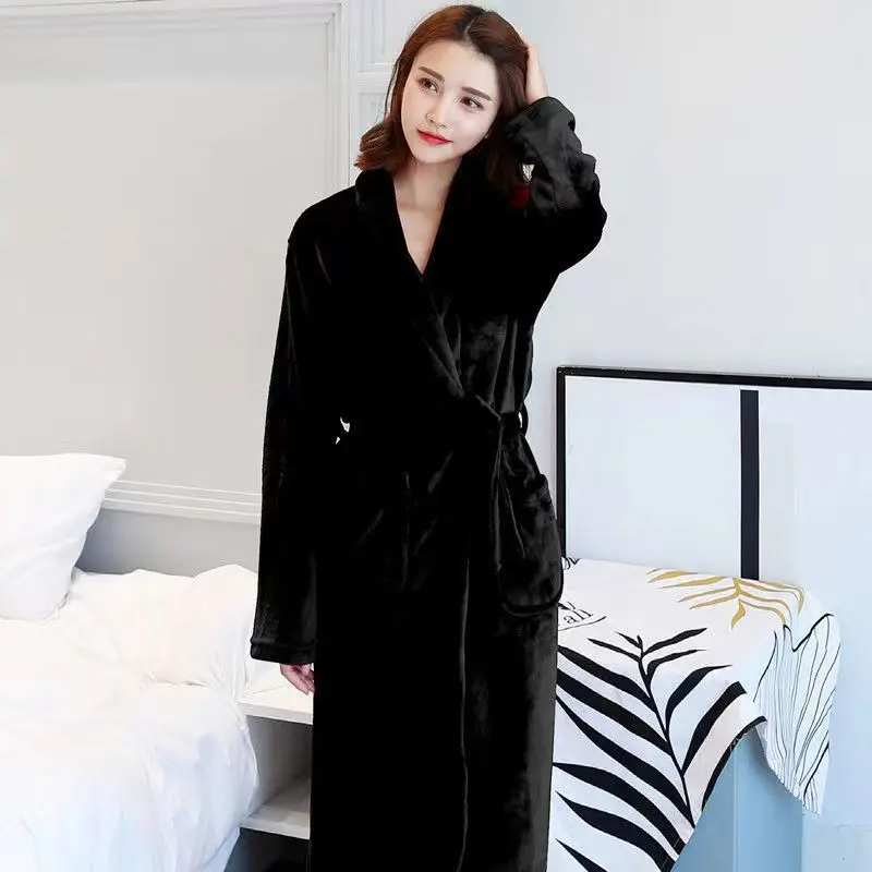 Thickened Flannel Robe Bathrobe Homewear Cardigan Sweater Women Autumn Winter White Lapel Coral Velvet Medium Length Bathwear