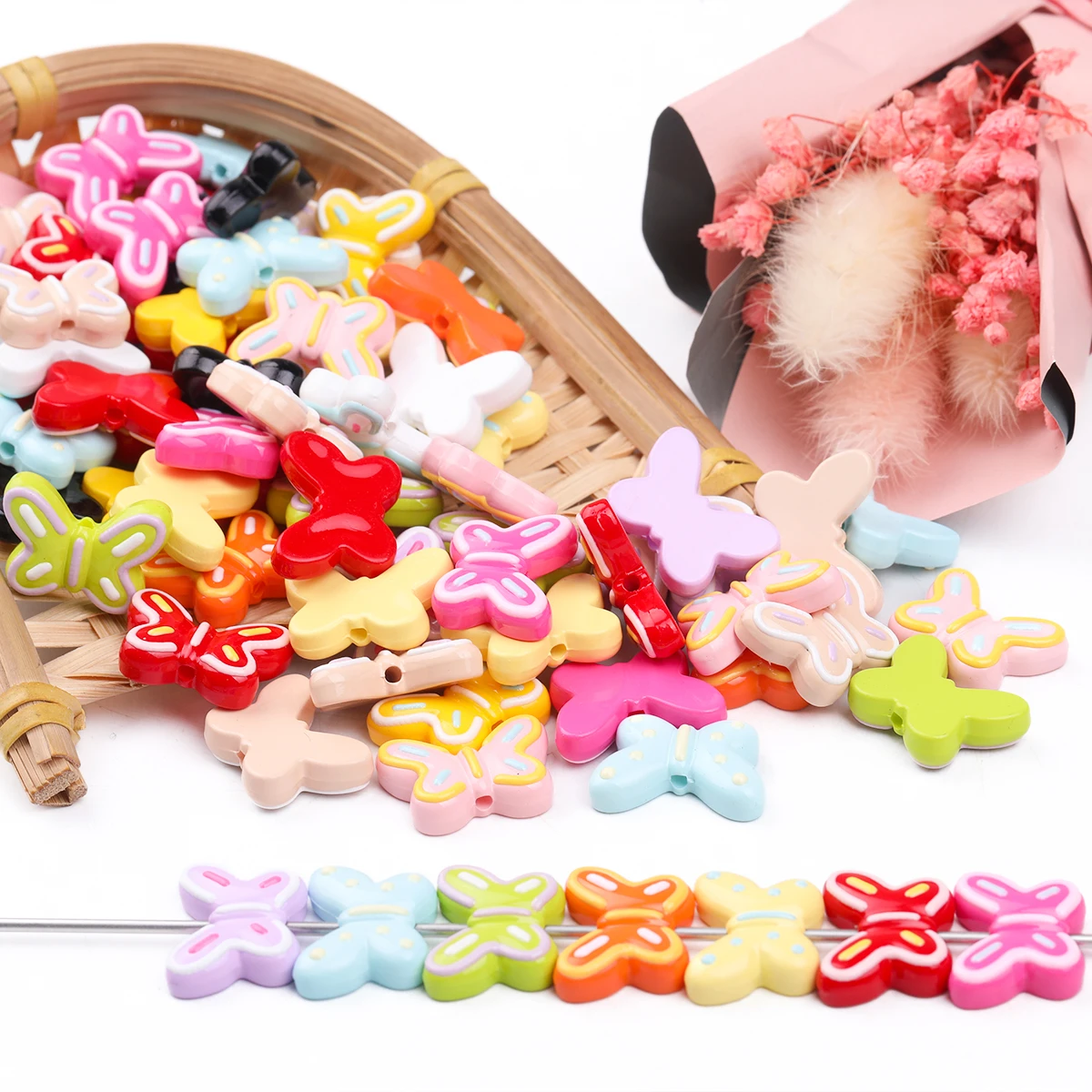 8pcs/16pcs Multicolor Hand-drawn Butterfly shape Acrylic Beads with 1.5mm Drilled Holes Beads for pen making Loose Spacer Beads