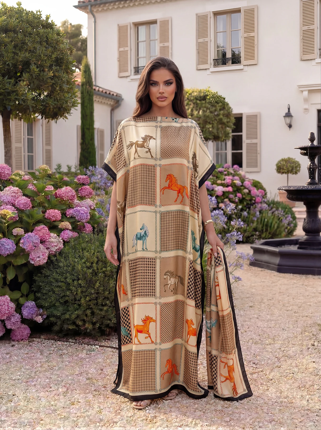 Plaid Horse Print Abaya with Matching Scarf, Loose Short‑Sleeve Long Robe, Summer Beach Vacation Outfit for African Muslim Ladie