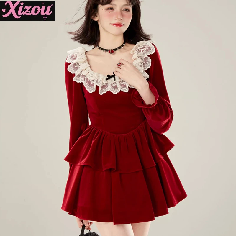 

New Year's Red Velvet Lolita Bow Ruffle Dress Girls Vintage Lace Waist Short Dress Christmas Date Small Gift Dresses for Women