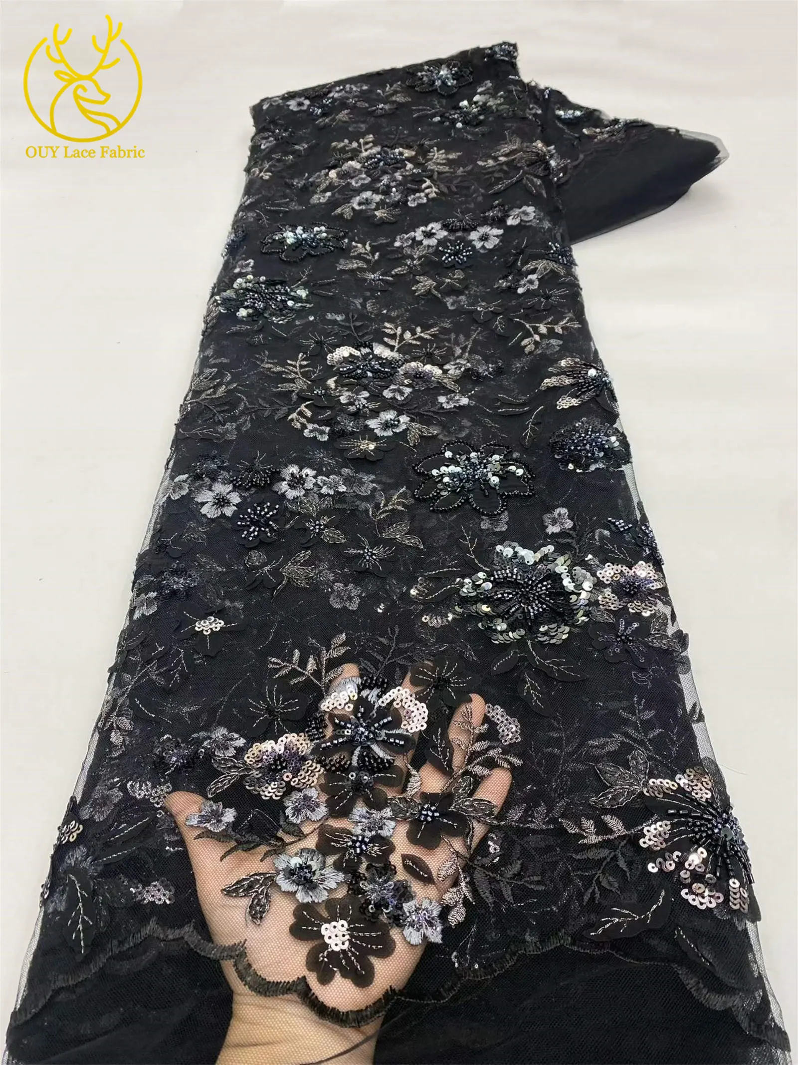 Eleganter Spitzenstoff mit Blumenstickerei und Pailletten, französischer Tüll mit Perlen, afrikanischer Spitzenstoff, nigerianische Spitze für Party- und Ballkleider – Detail 18