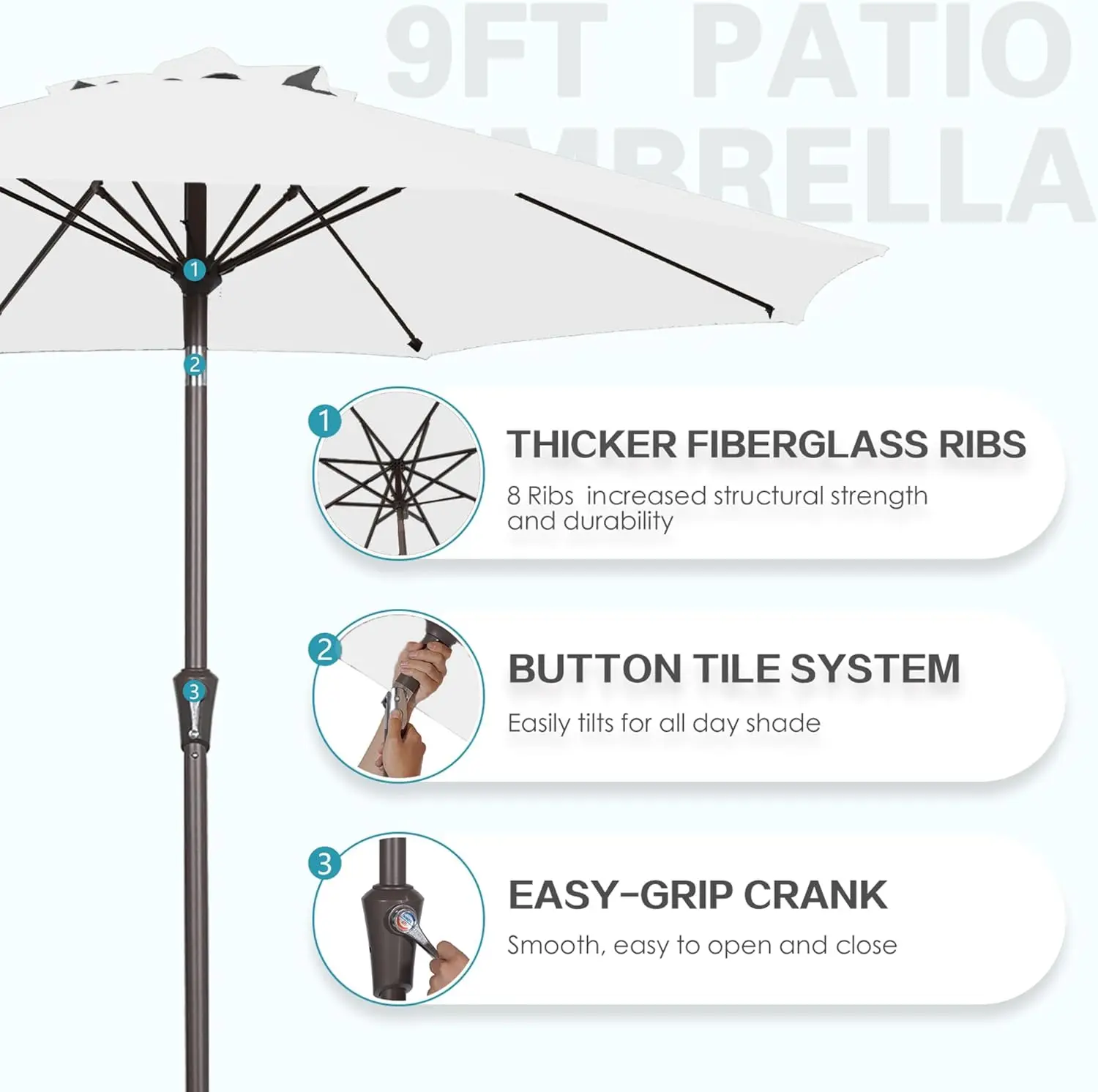 Parasol de patio de 9 pieds, parapluie de marché extérieur avec bouton poussoir d'inclinaison et manivelle, parasol de table 8 nervures robustes en fibre de verre UV