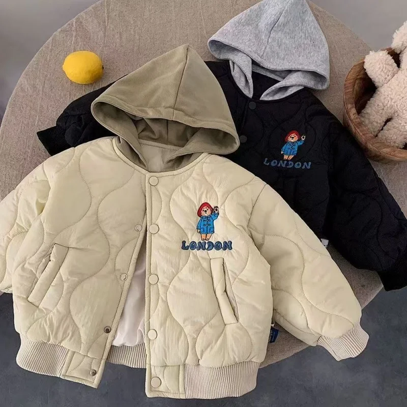 Children's Stitched Cotton Hooded Autumn Winter New Embroidery Cotton Jacket for Boys Girls Baby Warm Casual Coat 2-8Y