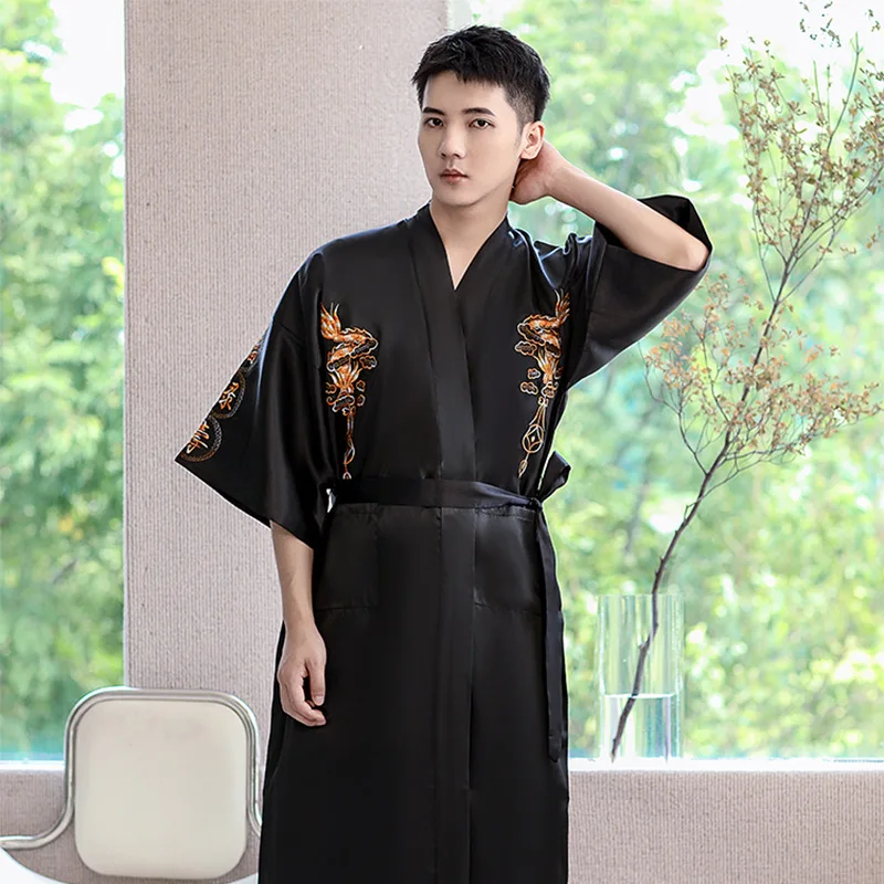 Casual Satin Half Sleeve White Soft Bathrobe Gown Embroidery Dragon Men Japanese Kimono Robe Chinese Traditional Yukata