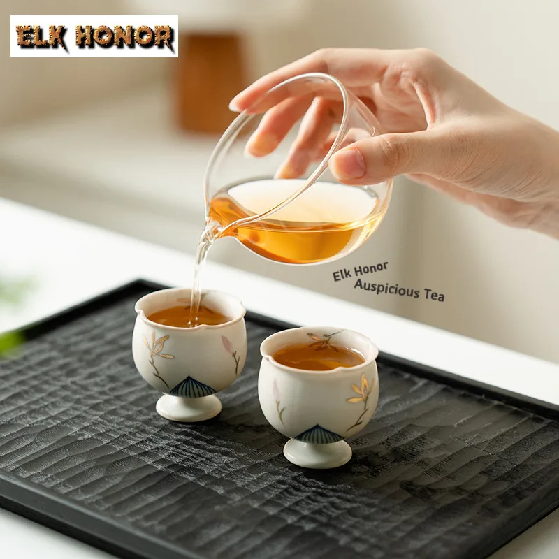 50ml Hand Gold Drawing Orchid High Foot Teacup Aesthetic Tea Bowl Jug Tea-tasting Meditation Cup Chazhan Master Cup Tea Ceremony