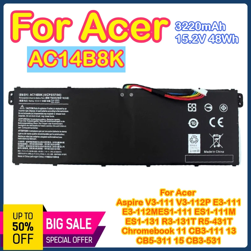 

AC14B8K Аккумулятор для Acer Aspire 5 A515-51 V3-372T ES1-511 R5-571T R7-371 Nitro 5 AN515-51 Spin SP111-31 CB3-531 CB5-571 SF314
