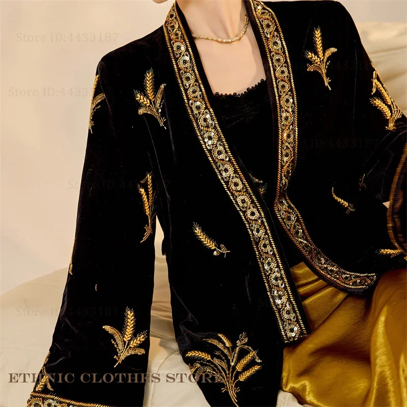 

Роскошная бархатная куртка-ханьфу с пайетками и бисером, изысканный женский японский кимоно-кардиган, юката, элегантные костюмы для Китайского Нового года