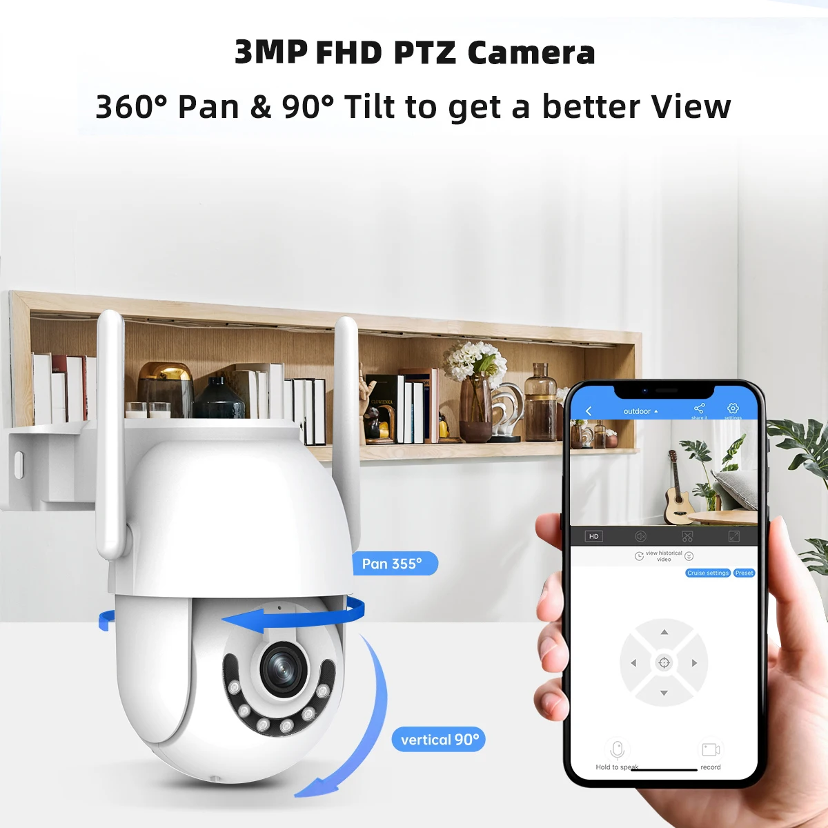 3MP HD Wifi PTZ Camera Outdoor Wireless Surveillance Camera 5X Digital Zoom Auto Tracking Color Night Security CCTV IP Camera